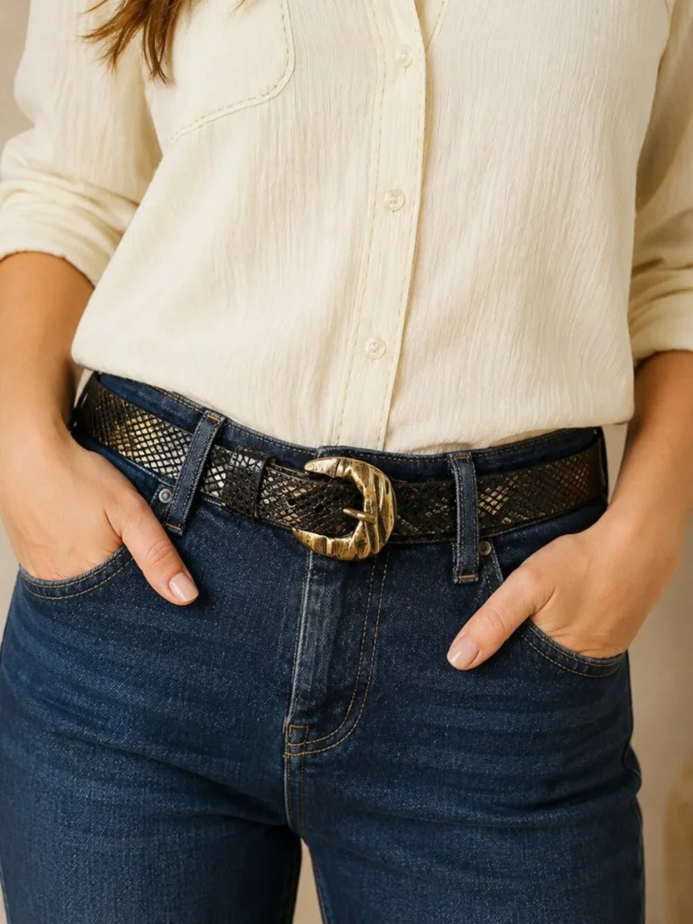 Streets Ahead Snake Embossed Leather Belt Hammered Gold Buckle USA M